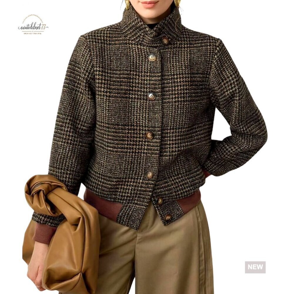 Wool Bomber Jacket Plaid Cropped Boyfriend Fit Stand Collar Casual Outerwear